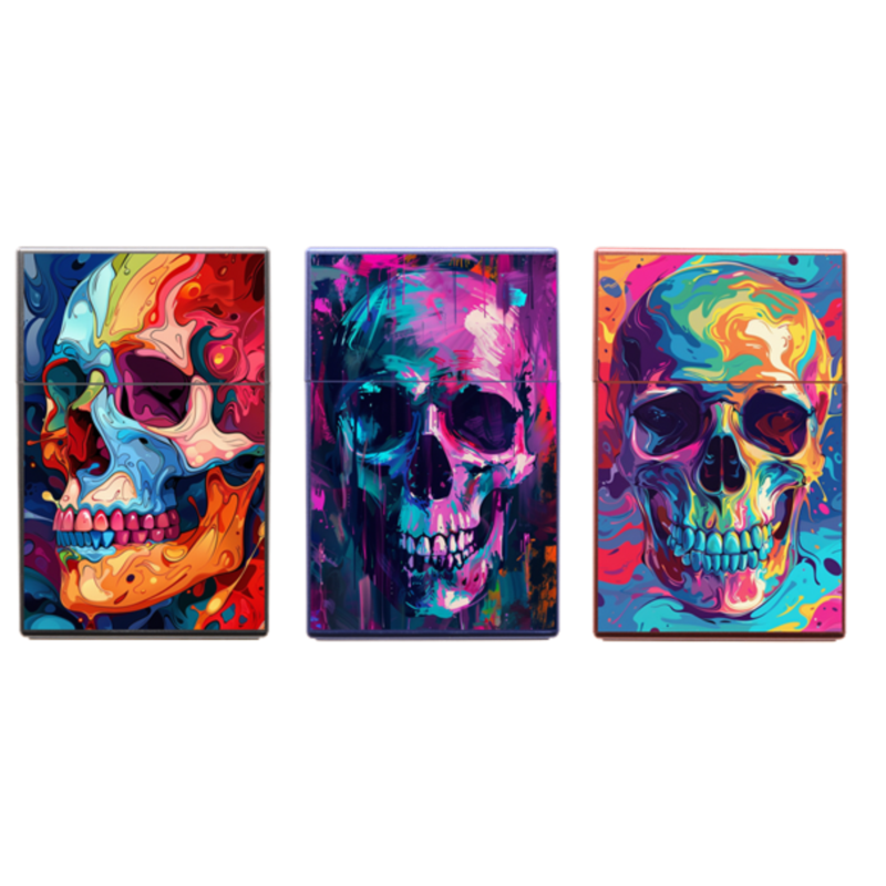 Boite étui paquet 20 cig 85mm plastique décors Skull néon 12/240