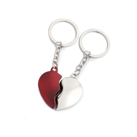 PORTE CLEFS METAL 2 COEURS ARGENTE/ROUGE 